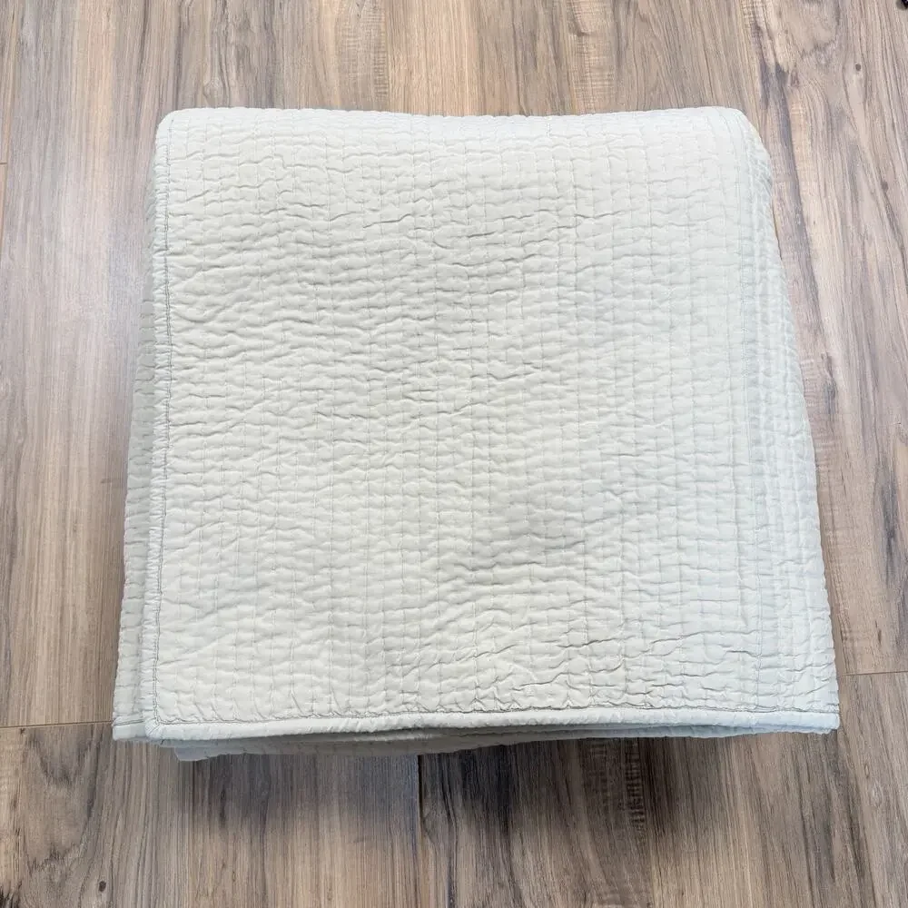 POTTERY BARN Cross Stitch Cotton Velvet Quilt Coverlet IVORY Cream Full Queen